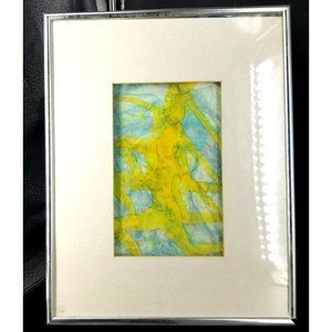 Woman Dancer Nude Watercolor Rice Fiber Paper Art Paint Yellow Blue Frame 14"